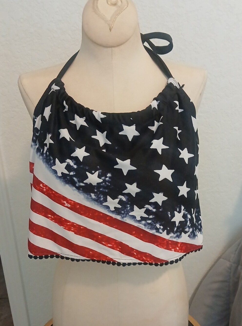 Patriotic Star & Stripe Halter Swim Crop Top - Black, White & Red